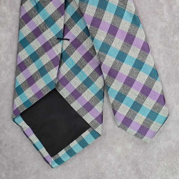 JF J. Ferrar Gray Purple Blue Plaid Tartan Checker Men's Neck Tie NWOT - Picture 7 of 7